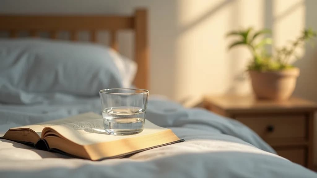 A calm, softly lit bedside table with a glass of water and a book, suggesting comfort and rest