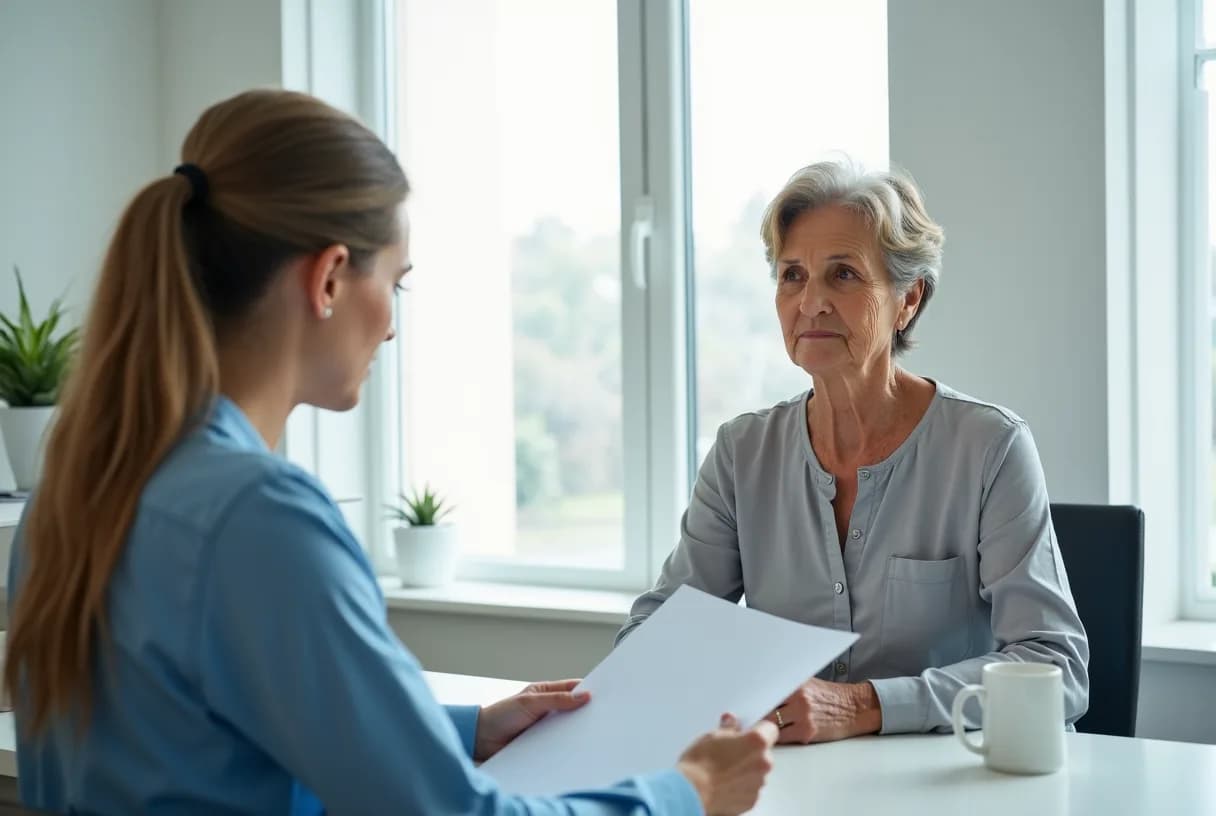 A woman in her late fifties sitting on the edge of an examination room chair, calmly talking with a gynecologist who is holding a clipboard