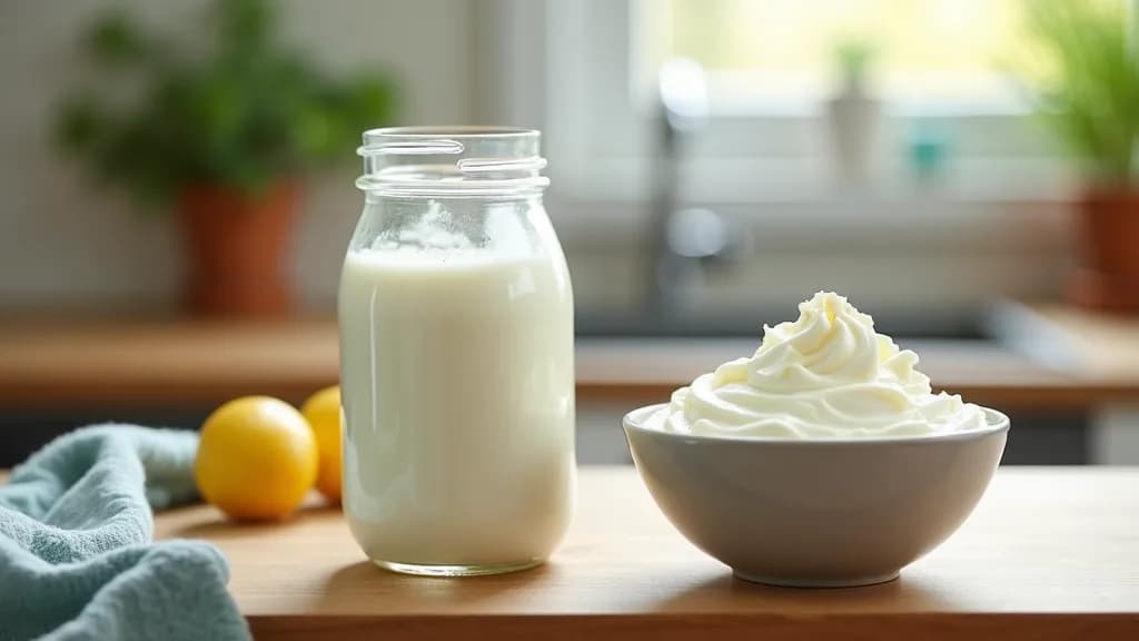 A glass jar of homemade yogurt and a bowl of fresh kefir on a kitchen counter, representing food sources of probiotics.
