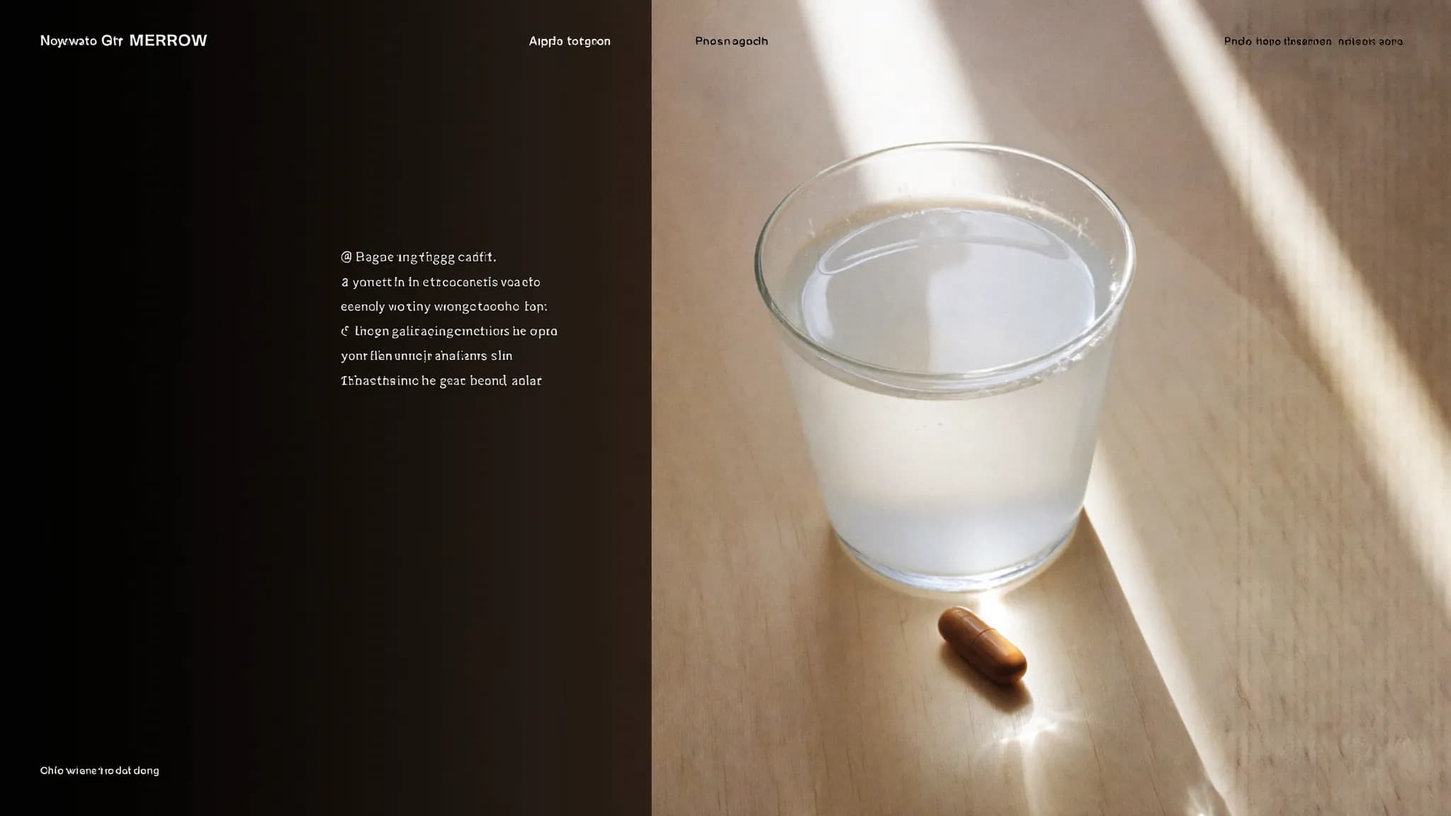 A single capsule beside a glass of water on a warm wooden surface in soft light.