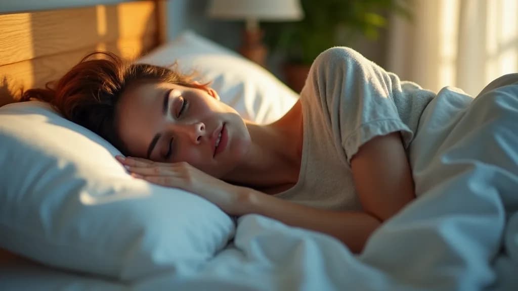 A woman in her fifties lying awake in bed at early morning light, looking tired