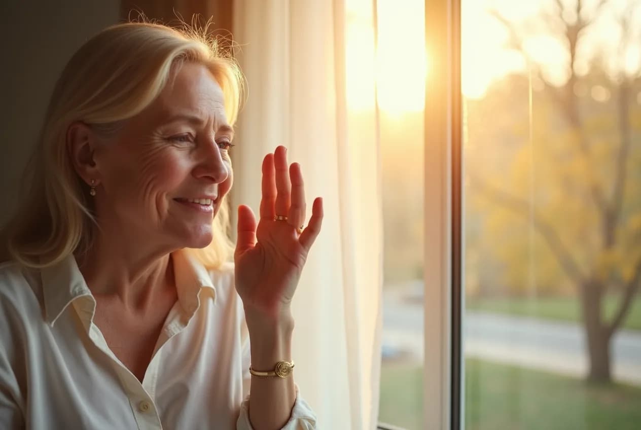 A woman fanning her face by a sunny window