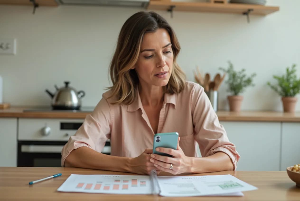 A woman in her 40s sitting at a table checking a calendar on her phone with a thoughtful expression