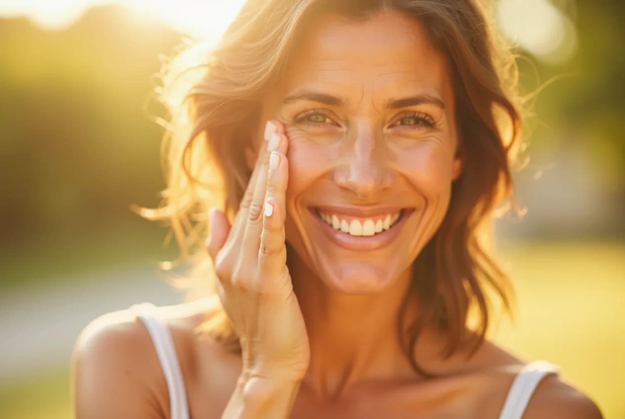 A woman in her 40s applying facial sunscreen with her fingertips outdoors on a bright sunny day