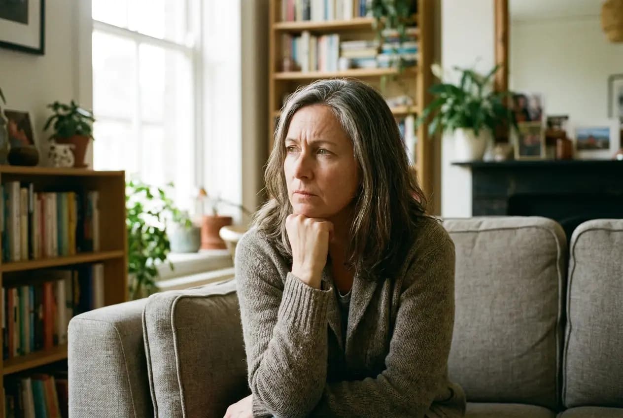 A thoughtful woman in her late 40s sitting at home wondering about her symptoms