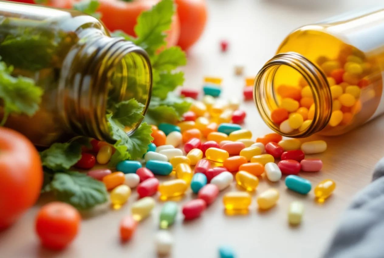 Loose vitamin and mineral capsules beside fresh vegetables on a wooden table