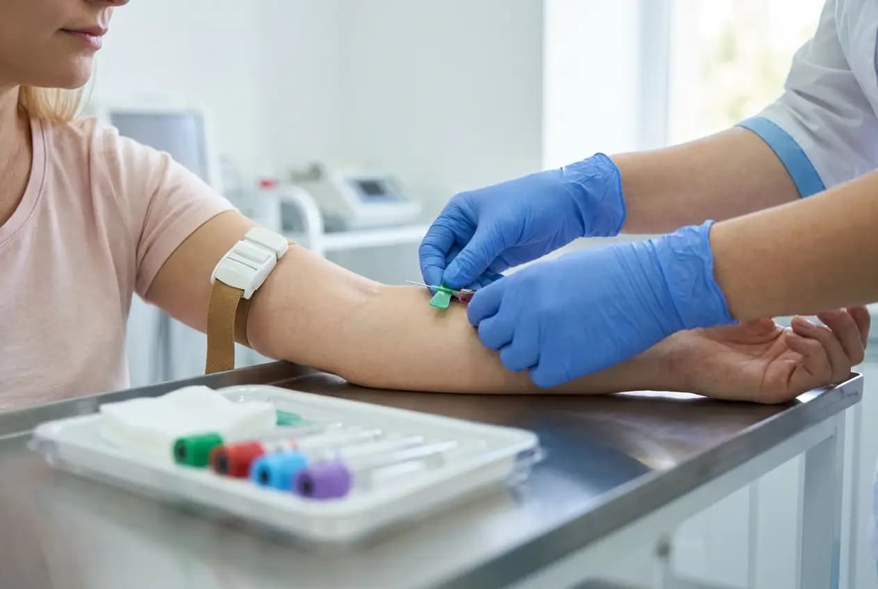 A nurse drawing a blood sample from a woman's arm for thyroid testing in a bright clinic