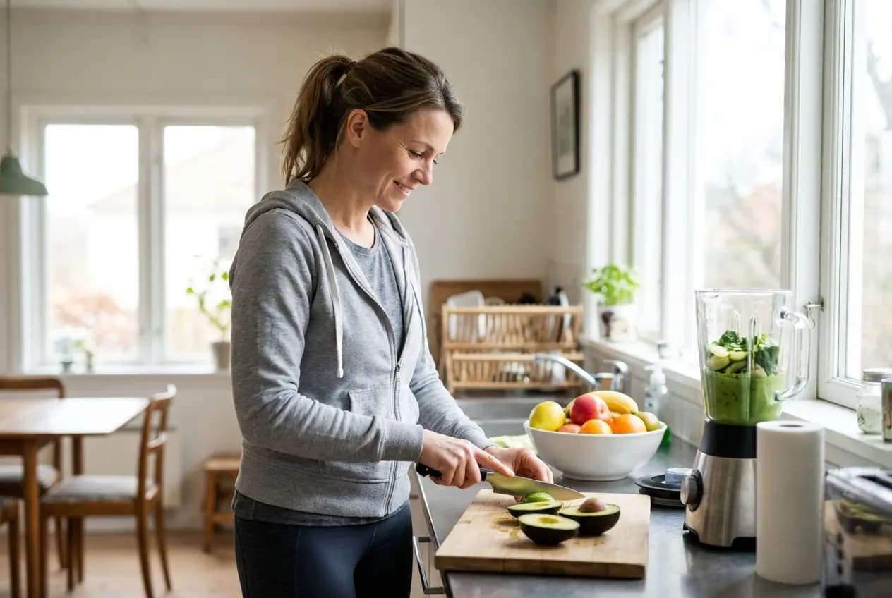 A woman in her 40s preparing a healthy meal in a bright kitchen