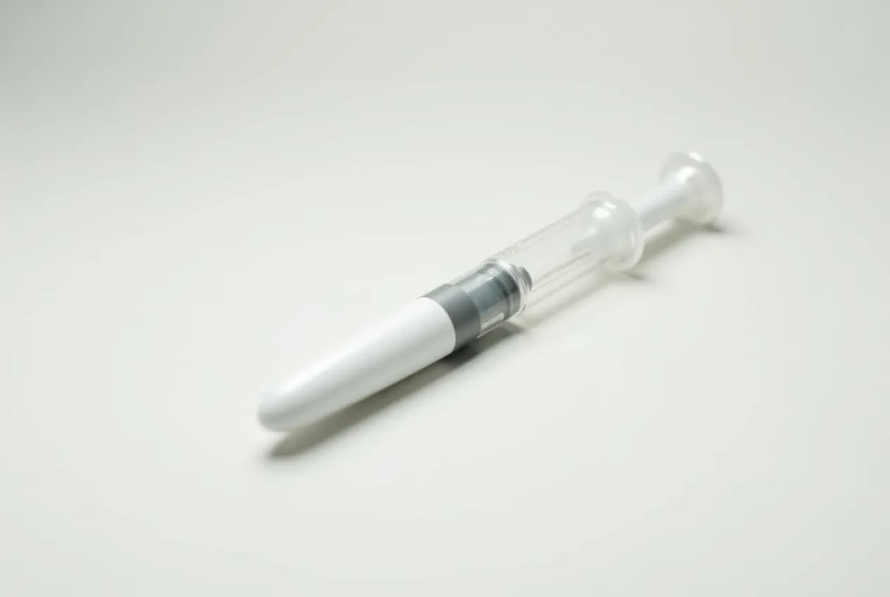 A single unbranded medical injection pen lying on a soft neutral surface, minimal clinical still life