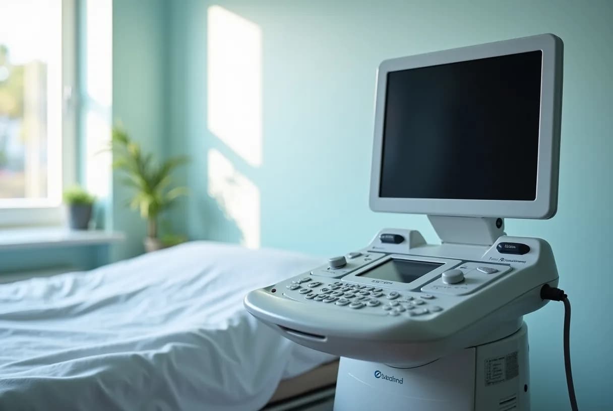Ultrasound examination room with a scanner, monitor and covered examination couch, no people present