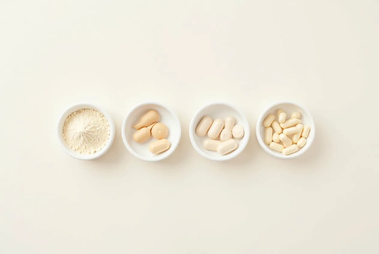 An overhead flat-lay of collagen powder and capsules in small dishes on a neutral surface