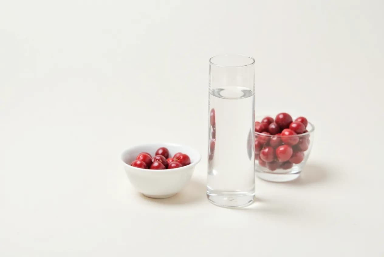 An overhead flat-lay of a glass of water and a bowl of fresh cranberries on a neutral surface