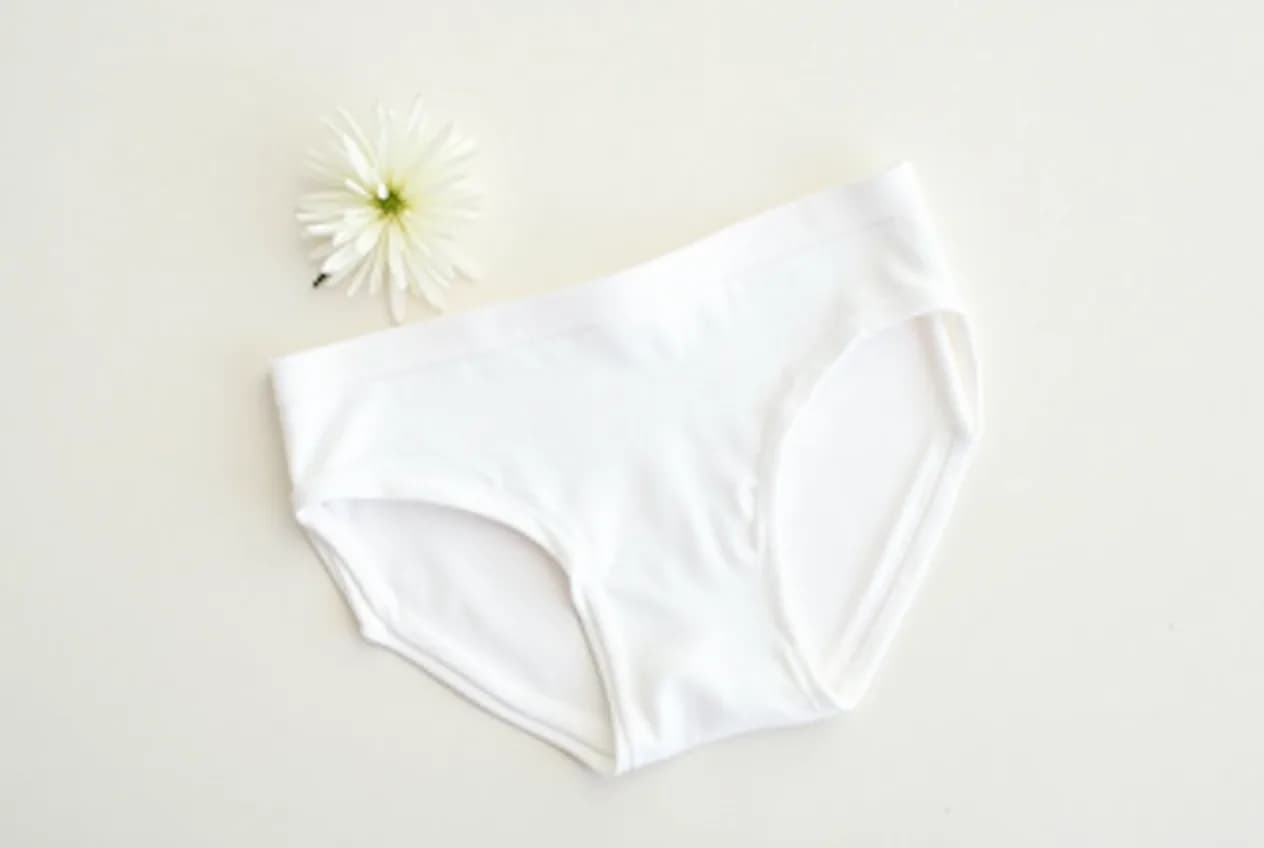 An overhead flat-lay of neatly folded plain white cotton underwear and a small white flower on a neutral surface
