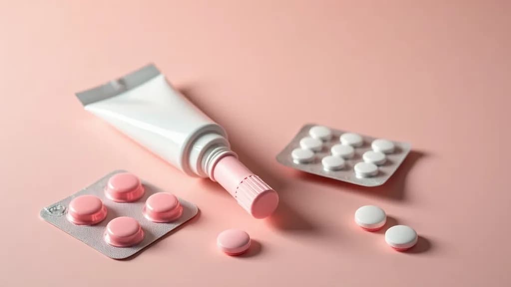 Assorted low-dose vaginal estrogen products including a cream tube with applicator, a tablet applicator, and a flexible vaginal ring arranged on a soft neutral background.