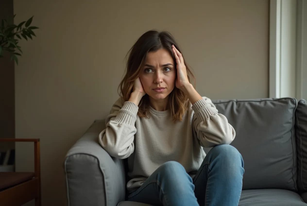 A woman in her 40s sitting at home looking mildly uncomfortable and restless