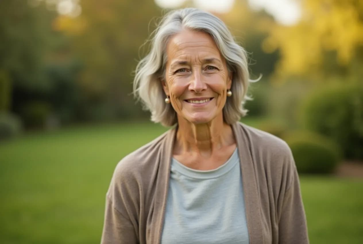 A calm, confident, healthy woman in her early 50s standing outdoors in soft morning daylight