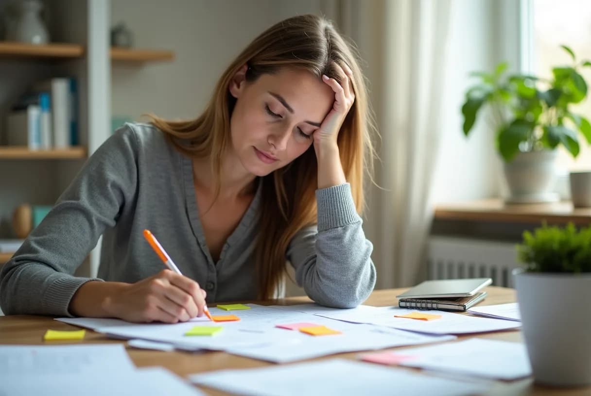 A woman in her 40s at a home desk covered in papers and sticky notes, resting her head on one hand and looking overwhelmed.