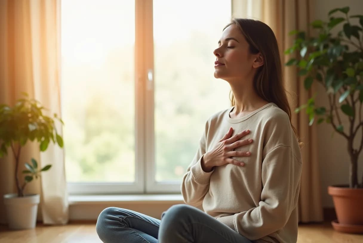 A woman sitting on the edge of her bed at night with a hand on her chest, taking a slow breath to calm a racing heart