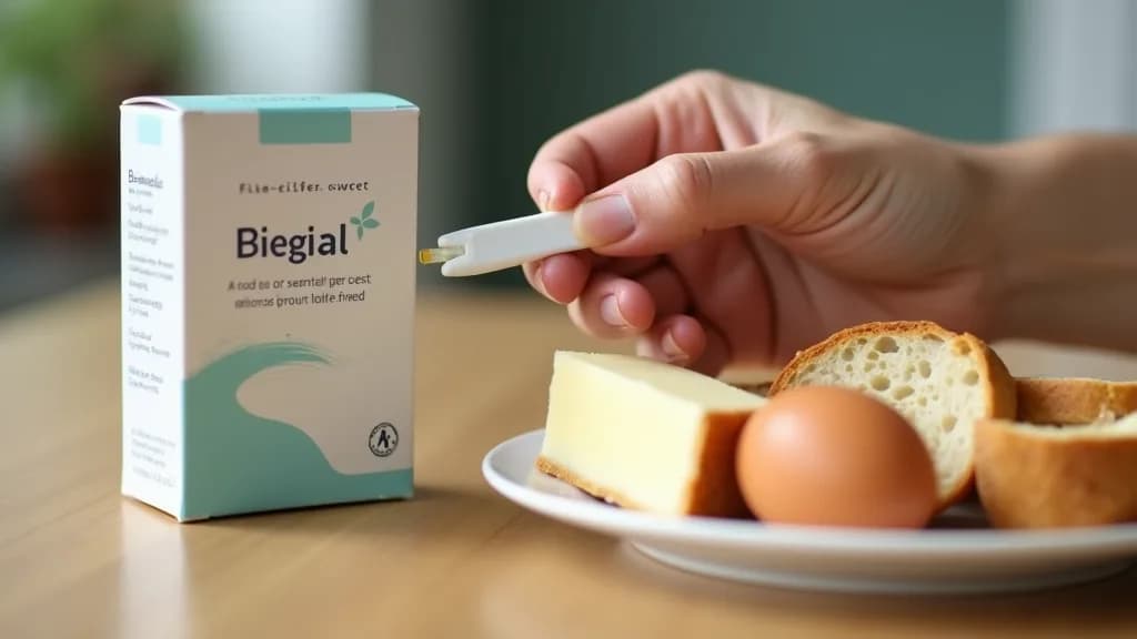 A finger-prick at-home food sensitivity test kit beside a plate of common foods including bread, dairy and eggs