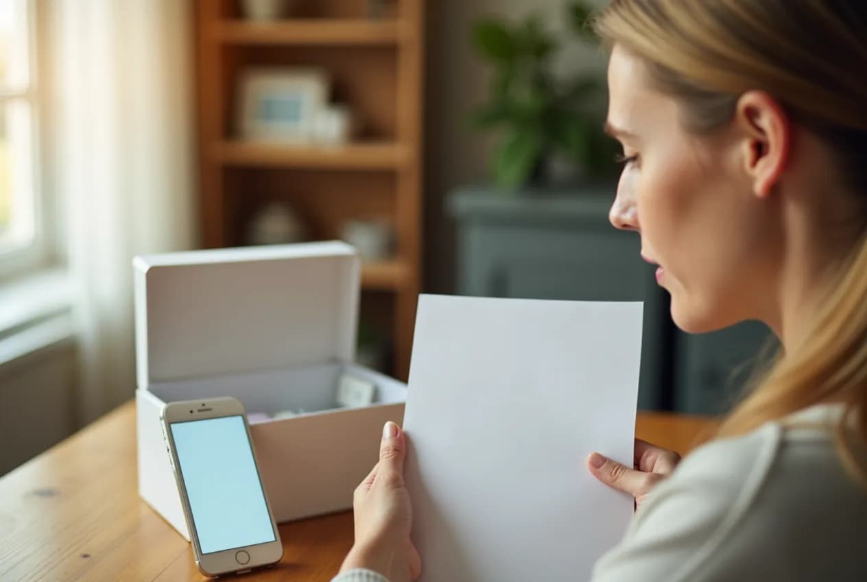 A woman at her kitchen table reviewing a mailed at-home hormone test kit and a printed results sheet.