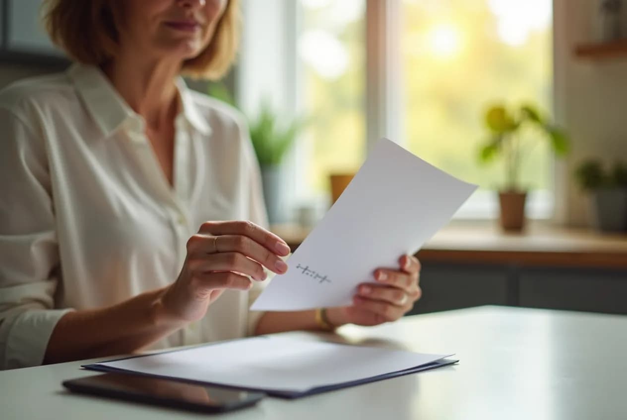 A woman in her late forties at a sunlit kitchen table, holding a mail-in hormone test kit in one hand and a clinic lab requisition form in the other.