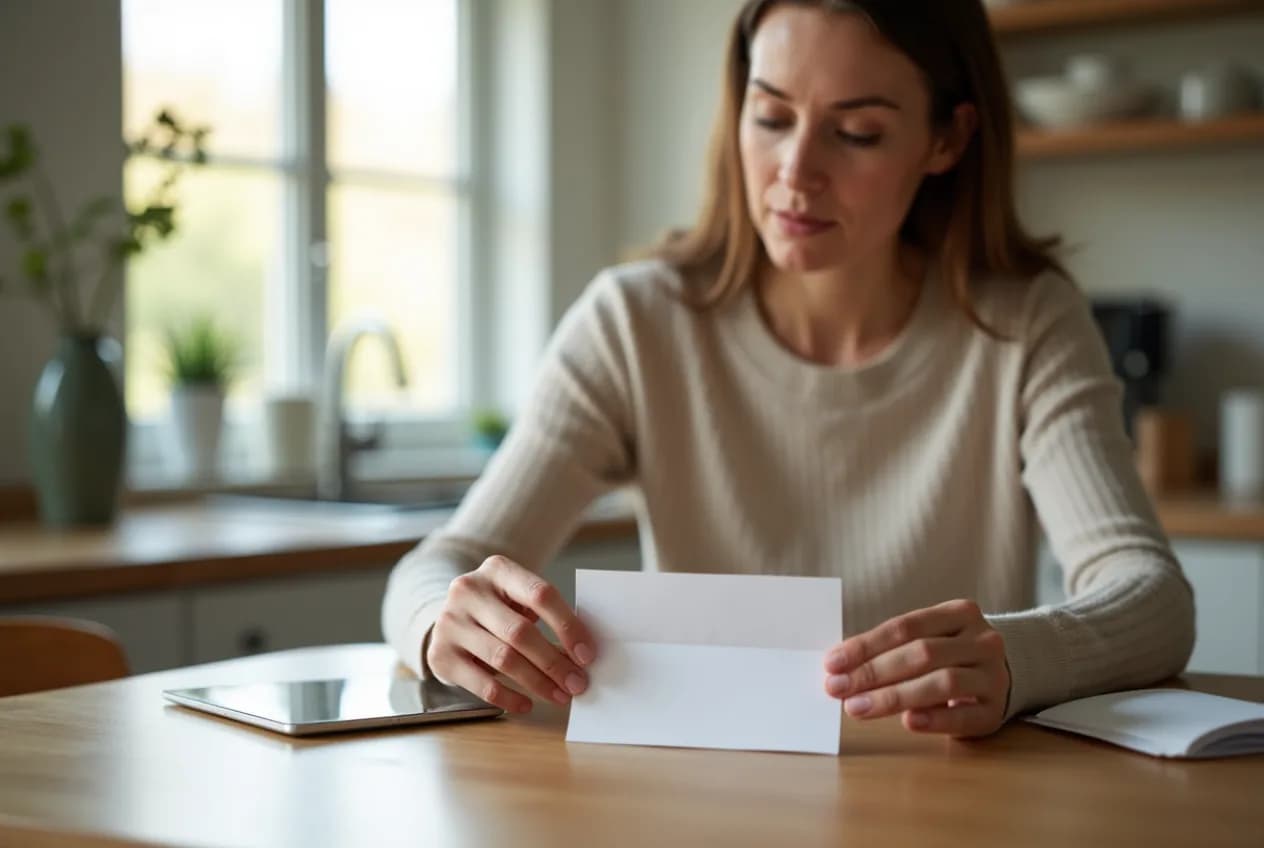 A woman at a kitchen table reading the instruction card from an at-home hormone test kit, with a finger-prick collection card and prepaid mailer beside her.