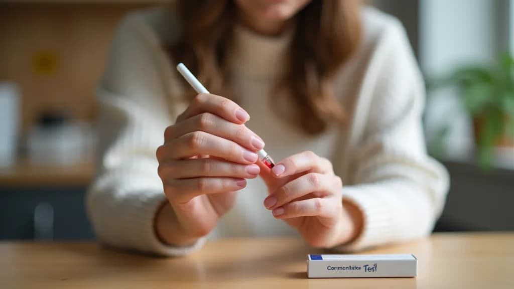 A woman at a kitchen table using a finger-prick lancet to collect a blood-spot sample for an at-home iron and ferritin test kit.