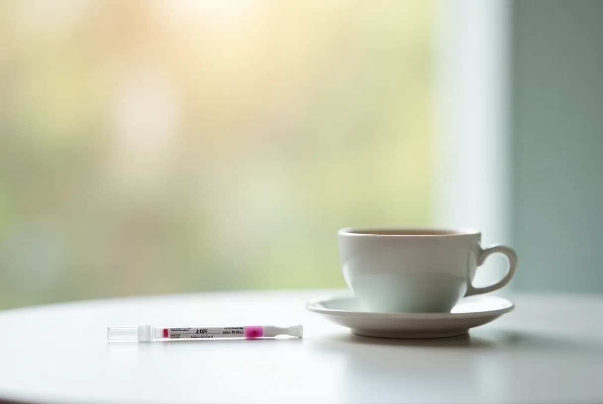 A woman in her 40s collecting a saliva sample into a small tube at her kitchen table in soft morning light