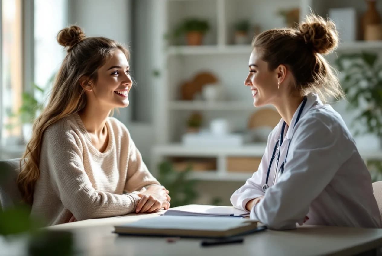 A woman in her 30s talking with a female doctor in a calm bright clinic