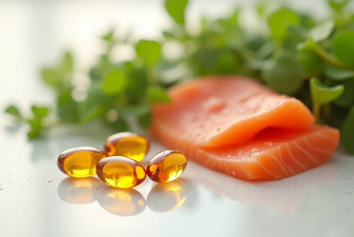 Several open amber softgel capsules and a small spoon of golden fish oil beside a fresh salmon fillet and green algae on a clean, light surface.