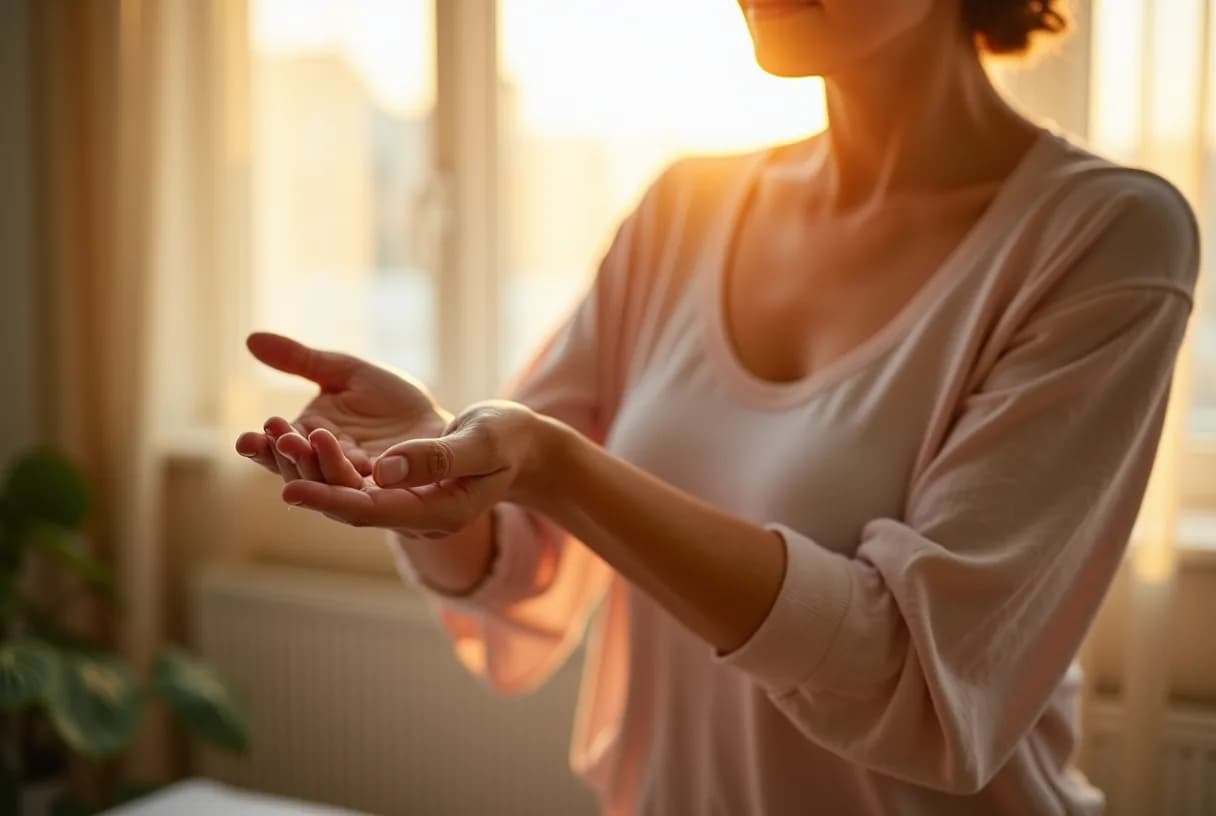 A woman in her early fifties sitting at a kitchen table in soft natural light, gently flexing and holding her wrist
