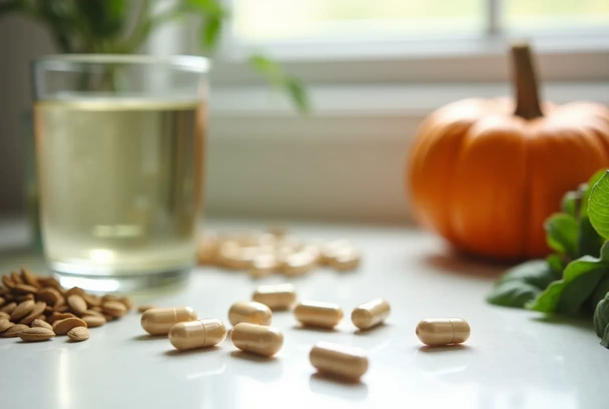 Loose magnesium capsules and a glass of water on a light kitchen counter beside a small bowl of pumpkin seeds and leafy greens