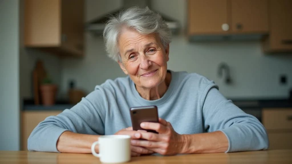 A woman in her fifties reviewing a symptom-tracking app on her phone at a kitchen table