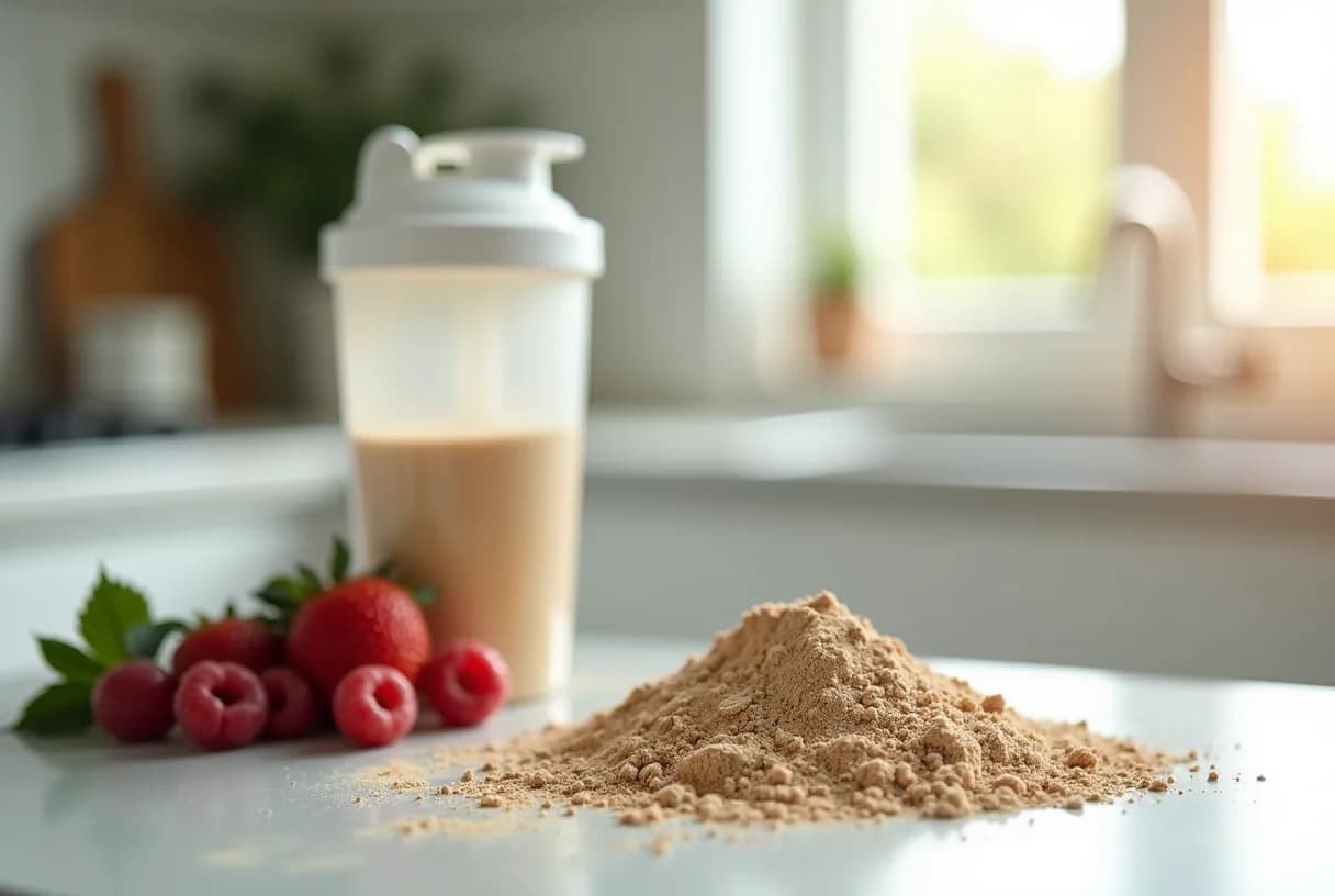 Overhead view of a scoop of pale protein powder beside a stainless steel shaker bottle and fresh ingredients on a light kitchen counter in natural daylight