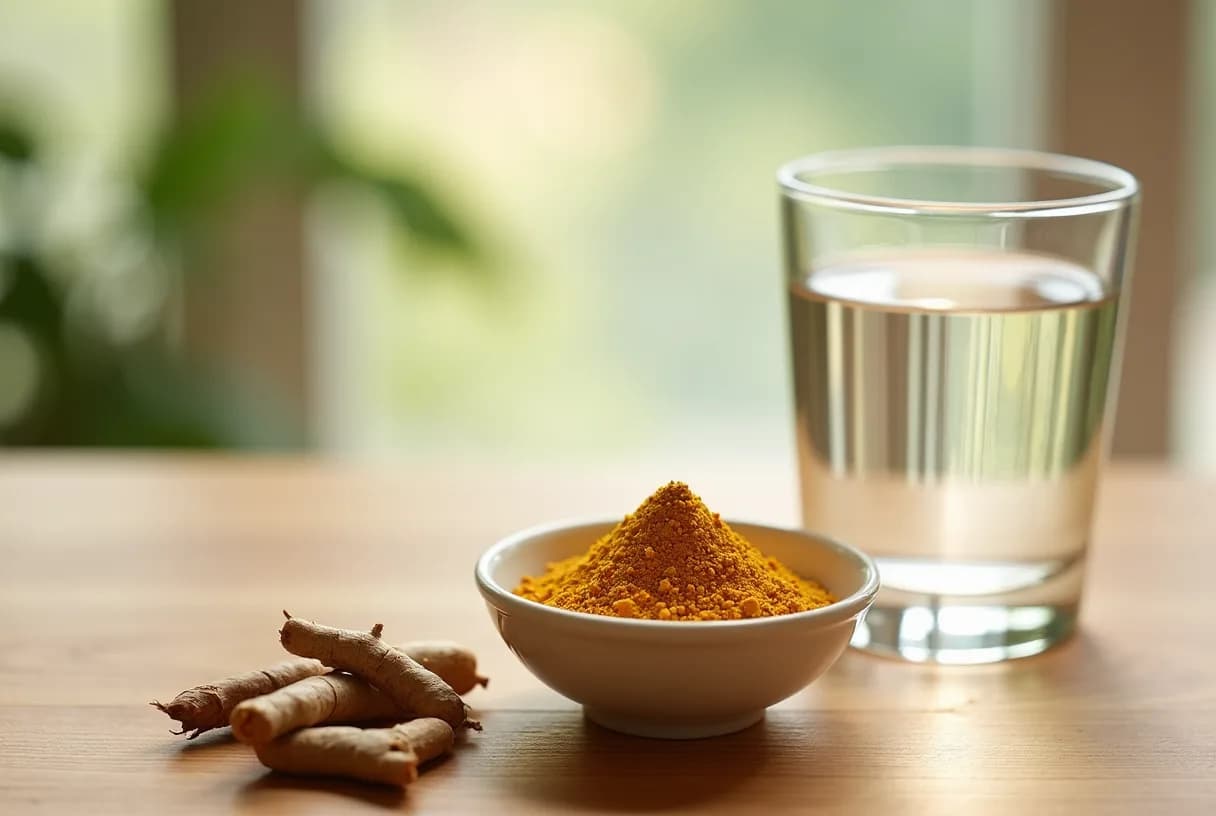 A glass jar of ashwagandha root powder and a wooden spoon on a kitchen counter beside a cup of tea in soft morning light.