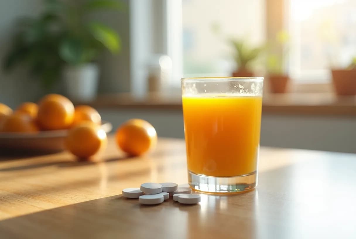 A glass of water and an amber supplement bottle with a single iron tablet on a kitchen counter beside a halved orange.