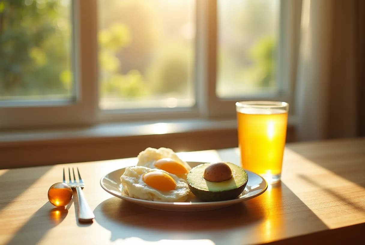 A woman in her late 40s taking a single supplement capsule with a glass of water beside a breakfast plate of eggs and avocado in a bright kitchen