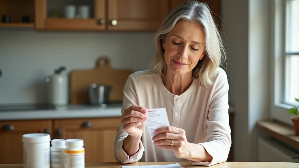 A woman in her fifties reading a hormone prescription label at a kitchen table in soft daylight