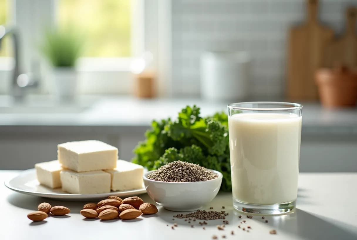 Overhead view of a kitchen counter with a bowl of plain yogurt, a wedge of cheddar, an open tin of sardines, a block of firm tofu, chopped kale and bok choy, a glass of plant milk, almonds and white beans