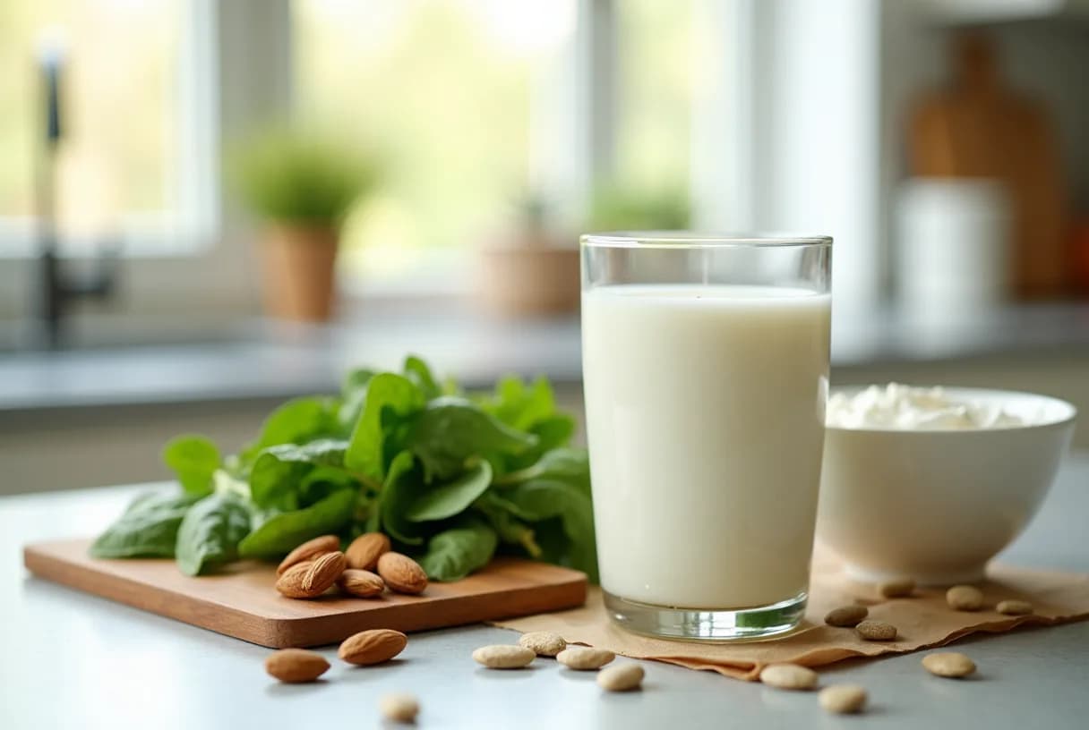 An overhead flat-lay of calcium- and magnesium-rich foods — a glass of milk, kale, almonds, pumpkin seeds, and canned sardines — arranged on a light kitchen surface