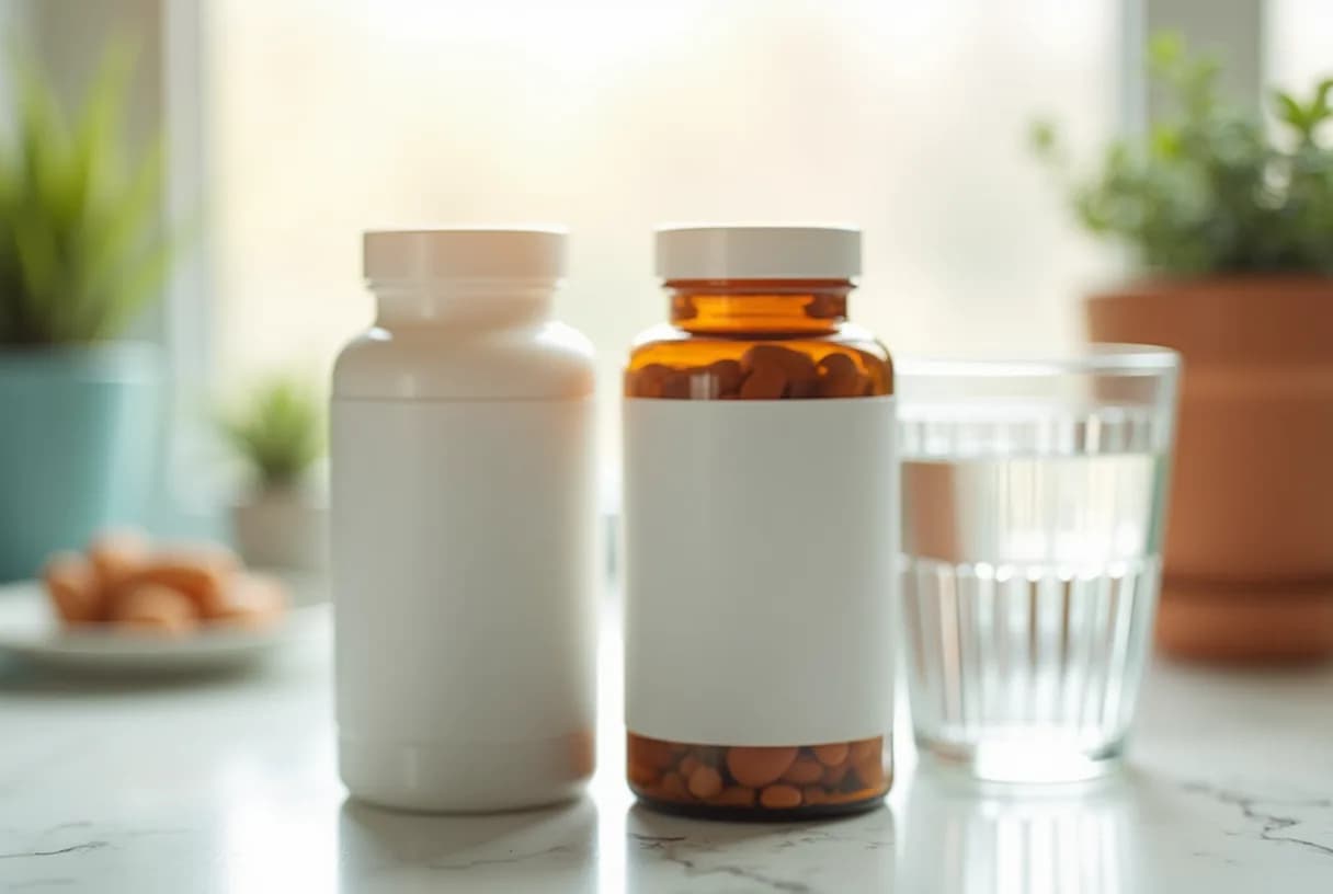 A woman in her 50s holding a supplement bottle and a glass of water at a sunlit kitchen counter