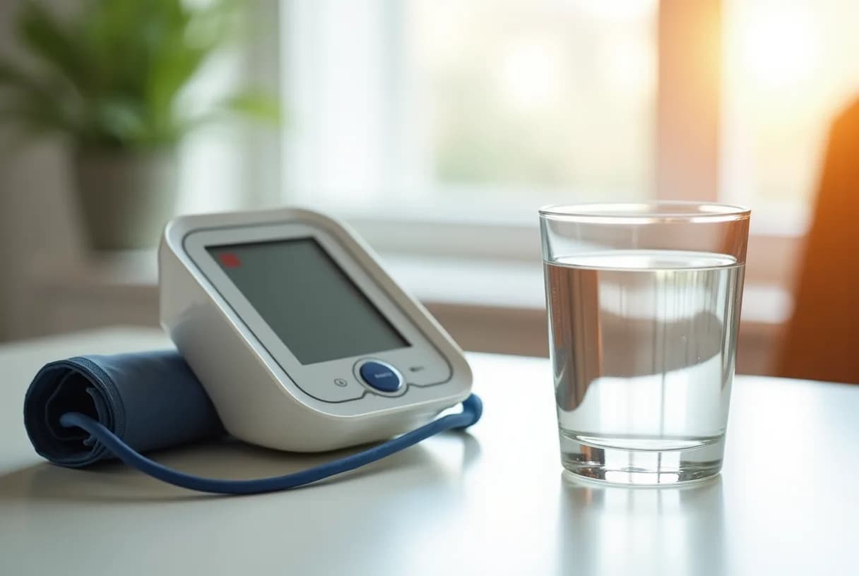 A glass of water beside a home blood-pressure monitor and a bowl of fresh vegetables on a kitchen counter.