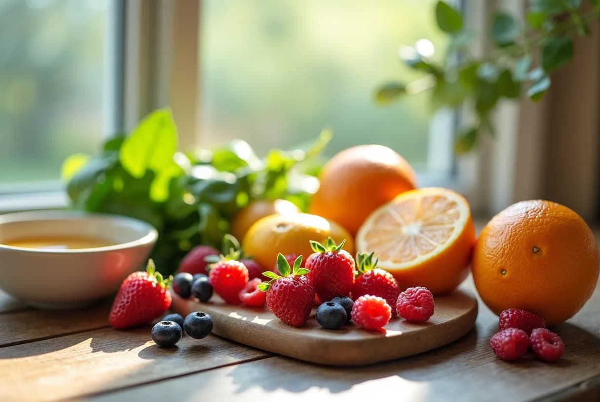 A wooden board arranged with collagen-supporting foods: eggs, citrus fruit and berries, leafy greens, red bell peppers, fish, shellfish, nuts, and seeds.