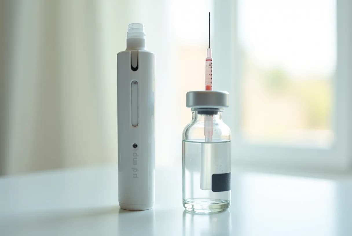 A single-dose injection pen and a small glass vial with a syringe placed side by side on a plain surface, lit evenly from above