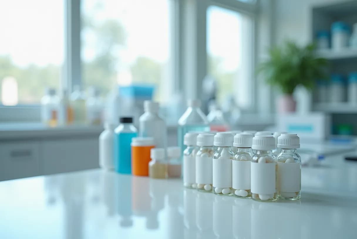 A single-dose medicine vial and a syringe on a clean countertop beside a sealed pharmacy carton, soft daylight, no text visible