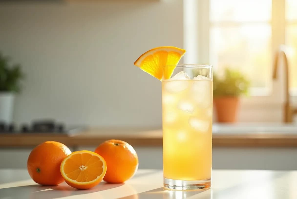 A glass of orange juice with a pinch of salt and a small dish of coarse sea salt on a kitchen counter