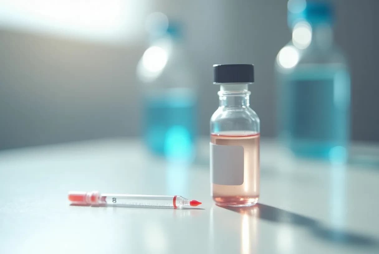 A vial of blood and a saliva collection tube on a clinic lab bench beside a requisition form, morning light through a window.