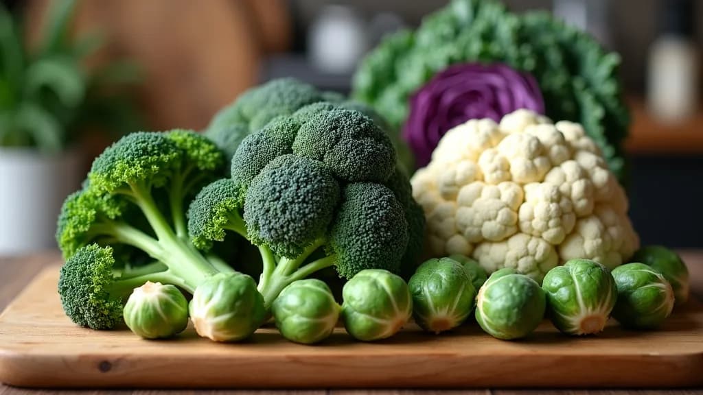 Fresh broccoli, kale, purple cabbage, cauliflower and Brussels sprouts arranged on a wooden kitchen board
