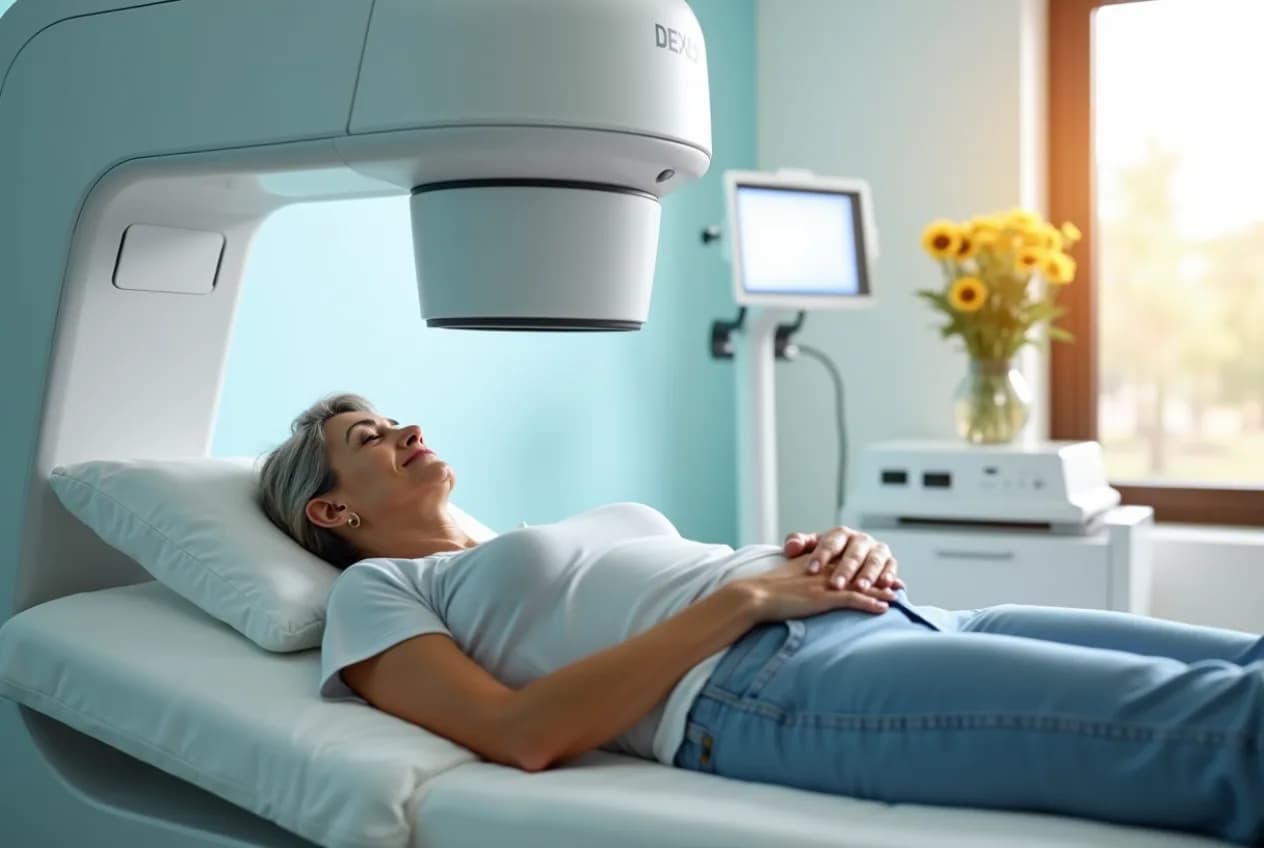 A woman in her fifties lying still on a DEXA bone-density scanner bed while the imaging arm passes over her hip in a bright clinic.