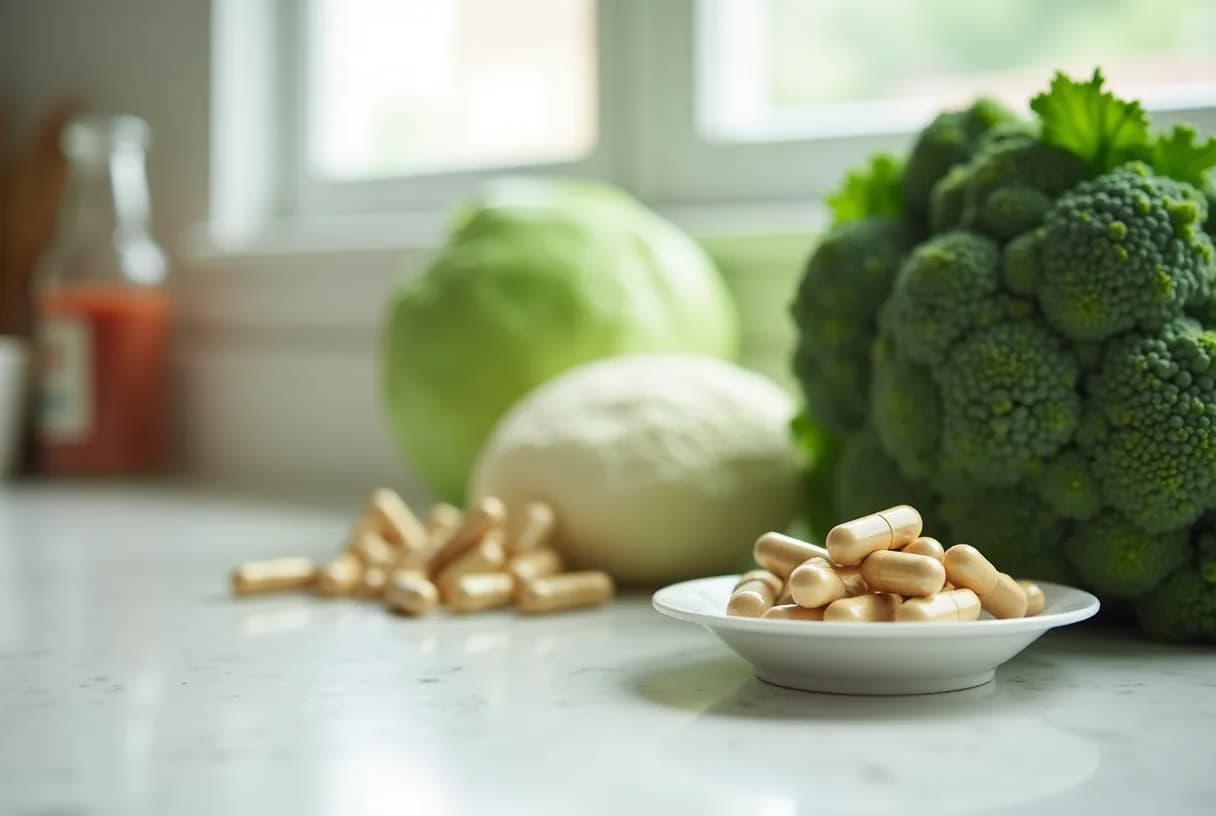 Fresh broccoli, cabbage and Brussels sprouts on a wooden kitchen board beside a small bottle of amber supplement capsules